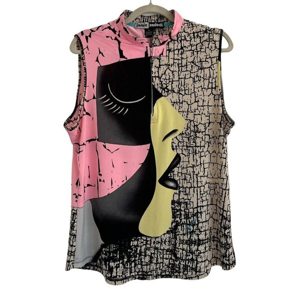 Jamie Sadock Women XL 1/4 Zip Sleeveless Golf Top Artsy Face Profile Pink Black - Picture 1 of 11